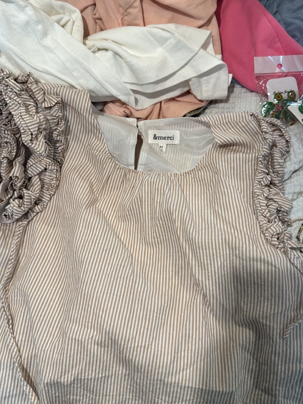 Beige Stripe Ruffle Sleeve Womens Top